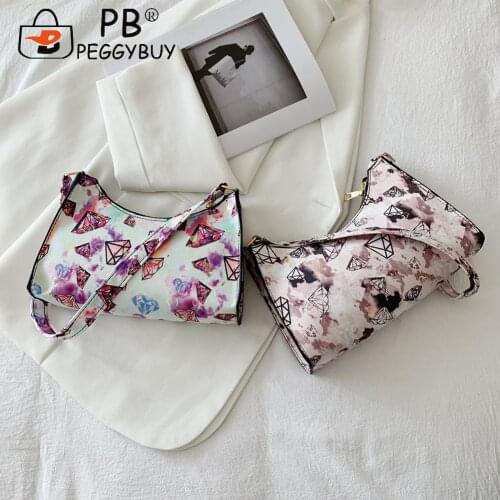 Fashion Diamond Pattern Bag Printing Shoulder Underarm Women PU Leather Handbags Vintage Underarm Top Mini Handle Bag