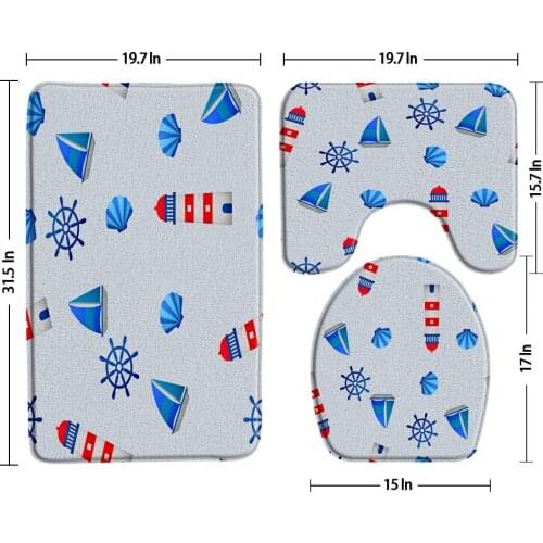 Cartoon European Navy Style Bath Mat Non-Slip 3 Piece Bathroom Set Rug Washroom Decor Toilet Cover Lid Cushion Set U-Shaped Pad