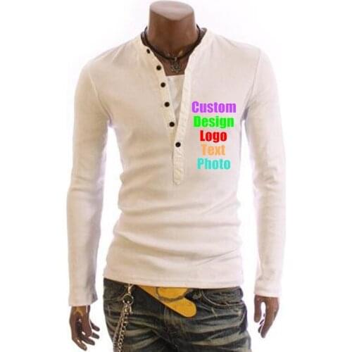 Spring Slim Buttons Up V Neck Men Custom Logo Photo Text Printed T-shirt Long Sleeve Elastic Man Male Tops Boy bussiness T shirt