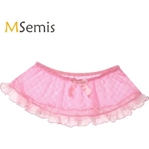 Gay Mens Lingerie See-through Mesh Erotic Skirt UnderpantsLip/Dots/Plaid Pattern Sissy Underwear Ruffles Miniskirt Nightwear