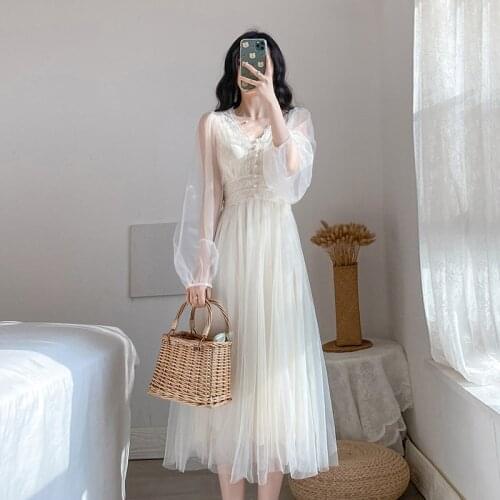 Dress Women 2021 Spring Plus Size Elegant A-Line Super Fairy Fairy Forest Solid Puff Sleeve Empire V-Neck Ladies Net yarn Dress