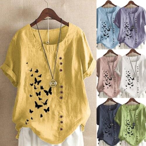 Womens Summer New Fashion Casual Linen Shirt Round Neck Butterfly Printed T-shirt Short Sleeve Tops Loose Blouse S-5XL