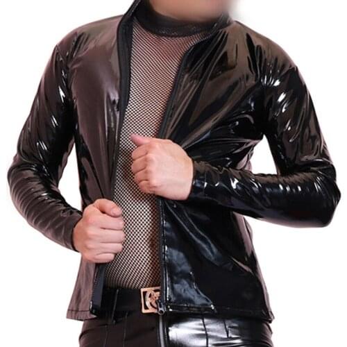 Wet Look Faux Leather PVC Long Sleeve T Shirt Men Motorcycle Jacket Stage Performance Costume Biker Coat Gothic Hip Hop Shirts