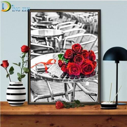 Modern Landscape Square Round Diamond Painting Bouquet Of Red Roses On Black And White Dining Table Cross Stitch Kit Embroidery