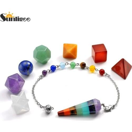 Sunligoo Healing 7 Chakra Crystal Plantonic Solids Geometry+Chakra Stone Dowsing Pendant Polishing Tumbled Reiki Energy Stone
