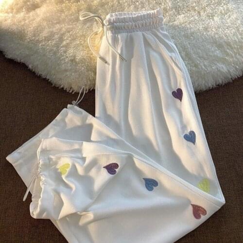 Thin Cotton Sweatpants Womens Summer Love Embroidery Drawstring Casual Pants Pants Womens Trousers Harajuku Sweatpants