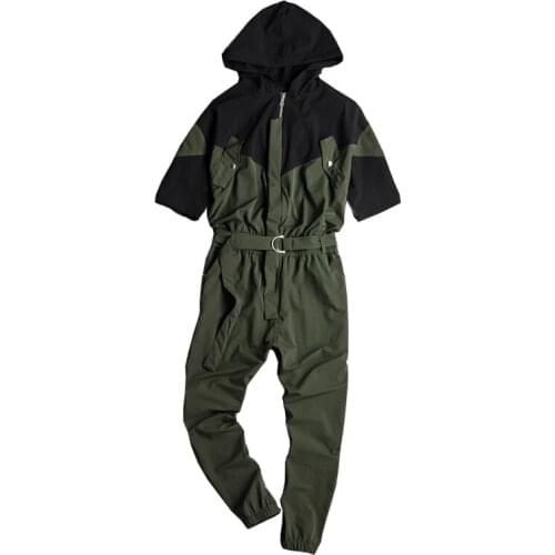 Japanese and Korean casual short-sleeved jumpsuit streetwear loose hooded casual jogging summer