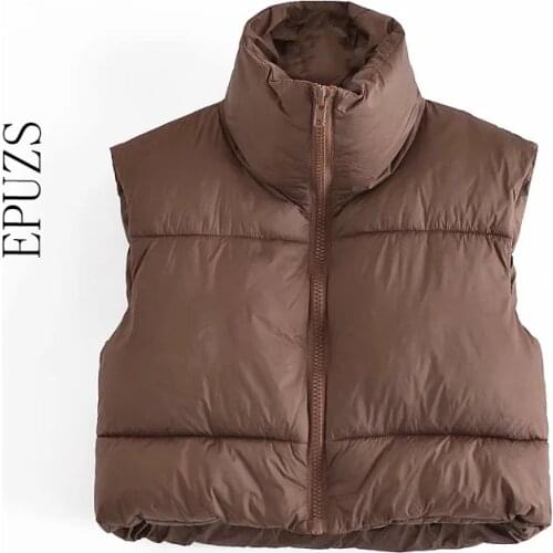 ZA 2021 Black Stand Collar Vests Women Zipper PU Leather Coats Women Elegant Autumn Winter Short Vests Female Ladies 2021
