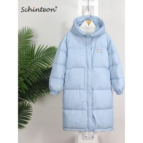 Schinteon Women White Duck Down Long Jacket Drawstring Loose Over Size Coat Winter Outwear with Hood 2021 New Fashion