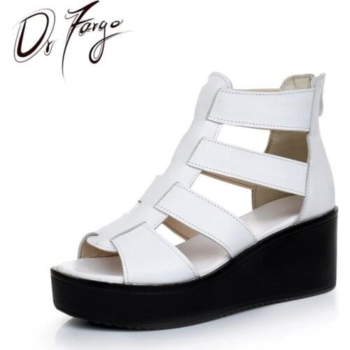 DRFARGO 2019 Summer Sandals for Women Platform back zipper Shoes 273 Genuine Leather Peep toe strappy Band corss Black Shoes