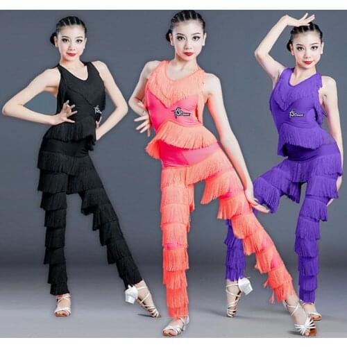 New Latin Dance Dress Girls Clothes Dance Performance Suit Children Fringe Tops Skirt Women Rose Red Sleeveless Latin Dress 3472
