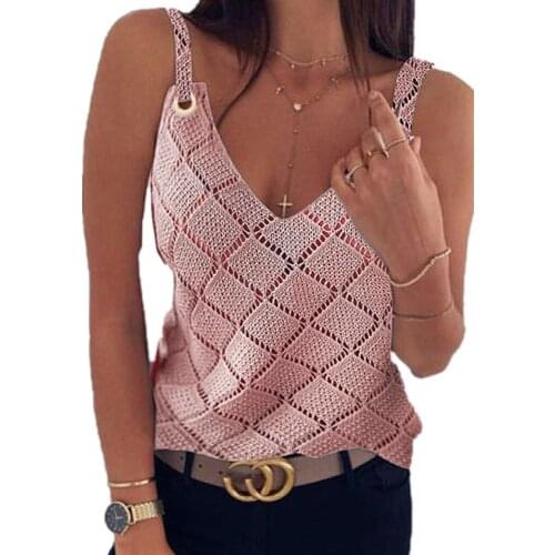 Women Sweater Vest Summer Solid Color Tanks Hollow Out Design See Through O-Neck Sexy Casual Loose Pullovers Knitted Top