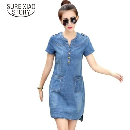 2021 Womens Summer Dress Denim Short Sleeves Loose A-Word Dresses Plus Sizes V-neck Solid Denim Dresses Fashion Robe Femme