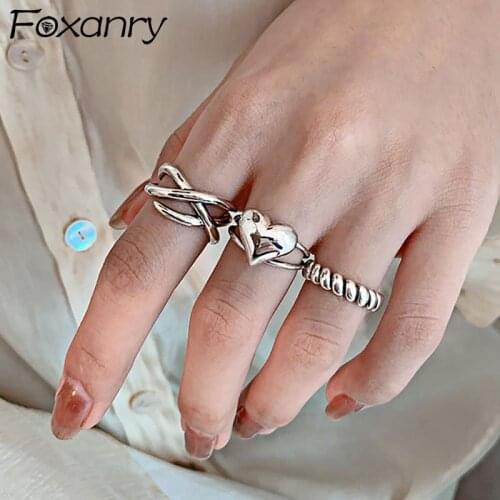 Foxanry 925 Sterling Silver LOVE Heart Rings for Women Fashion Simple Multilayer Lines Geometric Birthday Party Jewelry Gifts