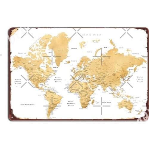 Gold World Map With Cities Metal Signs Design Wall Mural Plaques Cave pub Tin sign Posters
