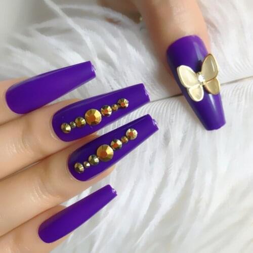 24PCS Purple Personality Style False Nails Long Stiletto Press On Nails Custom Glossy Rhinestone Fake nails
