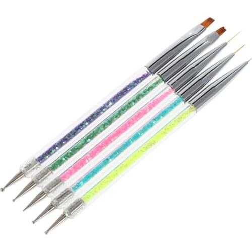 5pcs Dual Use Double Head Nail Painting Brush Pen with Sequins Decoration