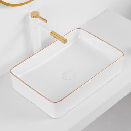 White and Gold Bathroom Washbasin Square Basin Simple Style Ceramic Bathroom Sink Home Basin