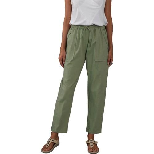 2021 Autumn New Style Trousers Vintage Solid Color Big Pockets Elastic Waist Cotton And Linen Loose Womens Casual Pants Women