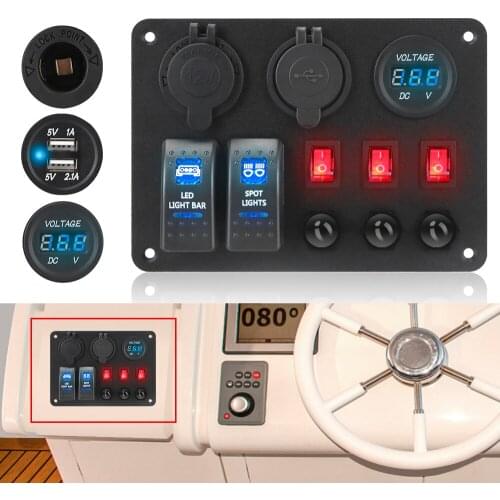 Dual USB Ports 2+3 Gang Rocker Switch Panel Car Marine RV Circuit LED Breaker Digital Voltmeter With Overload Protector