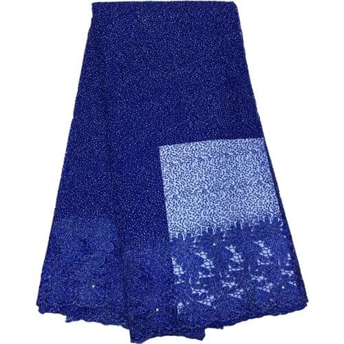 Hot sale beautiful royal blue guipure African cord lace fabric with beads polyester mesh embroidery lace for party wedding dress