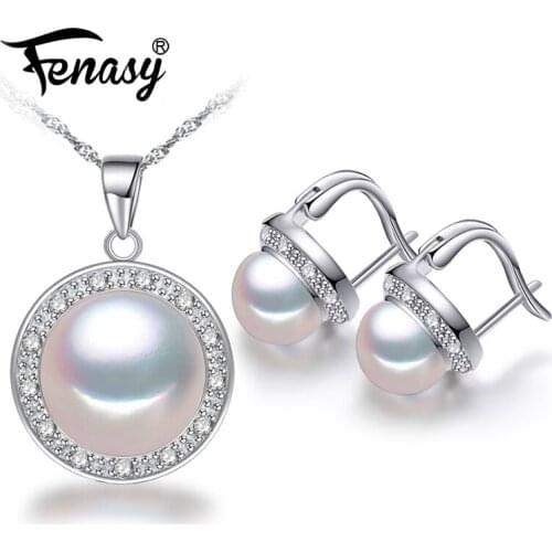 FENASY Trendy Freshwater Pearl Jewelry Sets 925 Sterling Silver Pendant Necklace Pearl Earrings Ring For Wedding Jewelry Sets