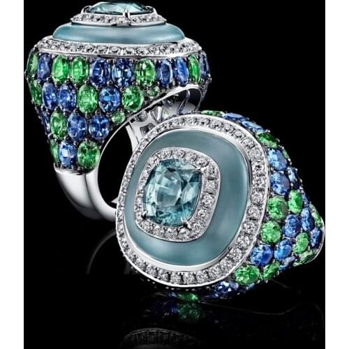 Luxury Green Crystal Stone Ring Two-color Zircon Rings for Women Wedding Party Jewelry Accessories Vintage Boho Bijoux Gift