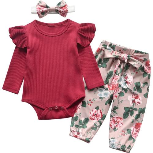 Newborn Baby Clothes Set Infant Baby Girl Outfit Set Autumn Petal Sleeve Ribbed Romper Top Flower Long Pants Headband Baby Suit