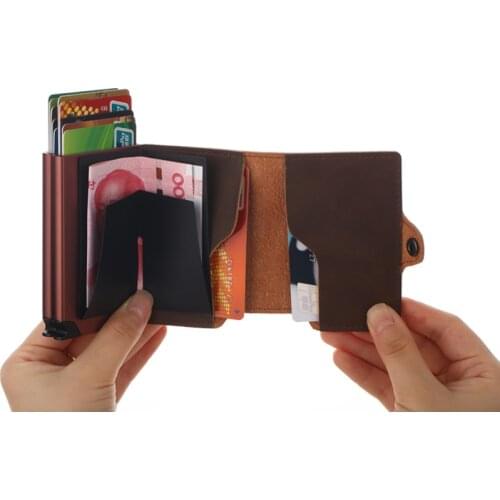 Casekey Mens Wallet Card Holder Double Aluminum Leather Credit Card Holder RFID Metal Wallet Automatic Purse ID Cardholder