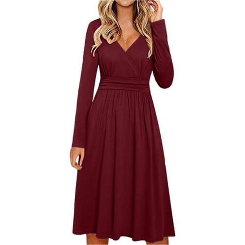 Summer Dresses Women Casual Loose Wrap V Neck Solid Office Lady Long Sleeve High Waist A Line Basic Office Lady Dress Vestidos