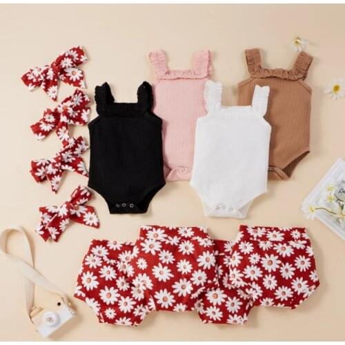 Newborn Baby Girls Casual Outfits Set Baby Girl Sleeveless Square Collar Ribbed Romper Daisy Print Shorts Headband Babys Sets