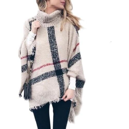Womens plaid medium long high collar tassel Cape loose large size shawl