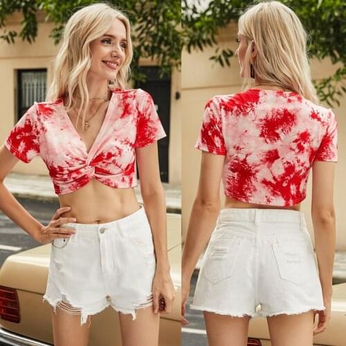 Womens Tie Dye V-neck Short Sleeve Top Short T-shirt Red