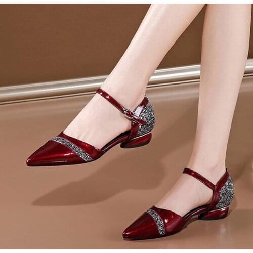 2021 Summer Shoes Fashion Patent Leather Dress Shoes Glitter Pointed Toe Women Sandals Buckle Strap Low Heels Female Shoes