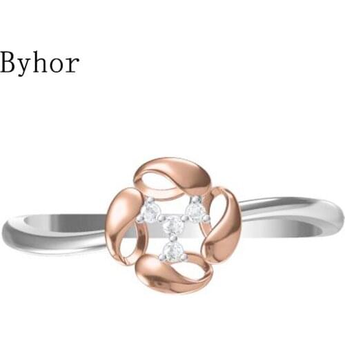 Byhor Solid 14K White+Rose Gold 0.029ct H/SI Natural Diamonds ring Women Fine Jewelry Trendy Wedding Band кольцa Flower Ring