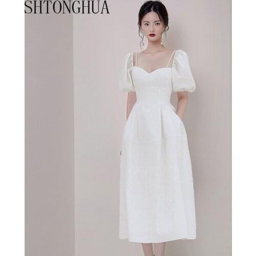 2020 Summer Women White Elegant Dress Square neck Puff-sleeves Mid-calf Solid Empire Slim Party Dress