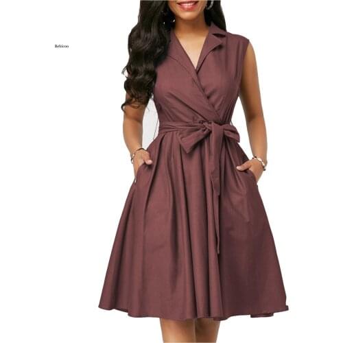 Summer A-Line Women Dresses Sleeveless Notched Solid with Bow Sashes Beach Office Dress Party Vestidos Plus Size 5Xl New