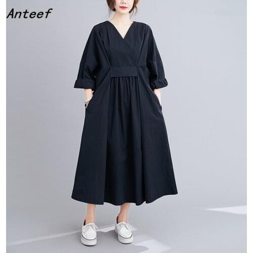 Long sleeve plus size black cotton vintage dresses for women casual loose woman spring autumn dress elegant clothes 2021