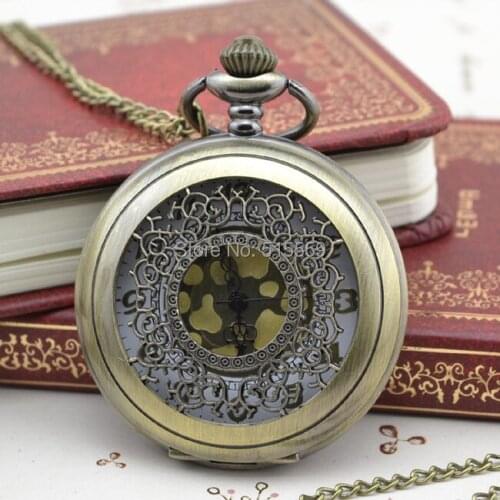 50pcs/lot Bronze Hollow Flower Retro Pocket Watch Top Quality Watch Necklace Gift Watch Factory Wholesale