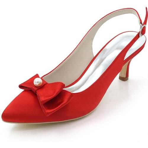 Creativesugar slingback satin evening dress shoes pointed toe pearl bow 6cm kitten heels pumps bridal wedding party rose red