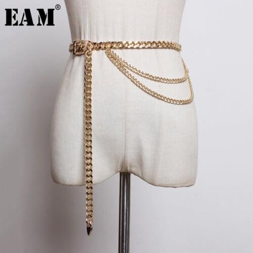 [EAM] Metal Chain Layer Spit Join Long Cool Thin Belt Personality Women New Fashion Tide All-match Spring Autumn 2021
