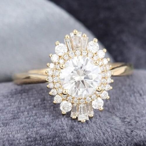 EDI Vintage Halo Diamond Solid 14K White Gold Baguette Cut Art Deco Flower Anniversary Ring Round Moissanites Engagement Ring