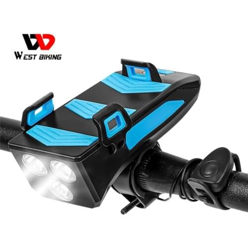 WEST BIKING 400 lumen Waterproof Bike Light USB Charging Phone Holder Bicycle Light Power Bank Bell 4 In 1 Bicycle Front Light