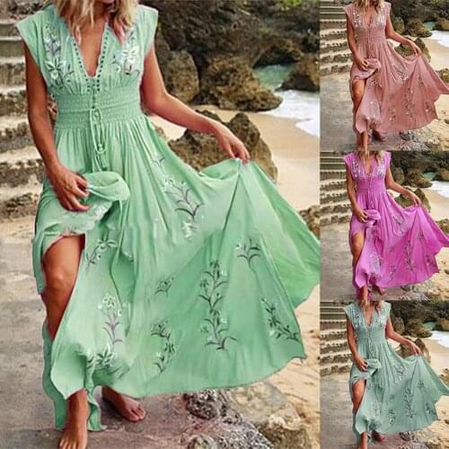 Summer Beach Maxi Dress Women Floral Print Dress Elegant Lady V-Neck Party Dress Summer Bohemian Loose Dress Long Chiffon Dress
