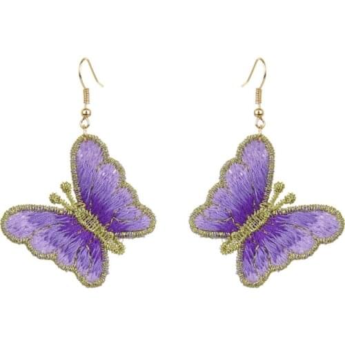 Summer Boho Purple Butterfly Embroidery Earrings Bijoux Ethnic Wings Earrings Trendy Hand Weaving Sequins Drop Earrings