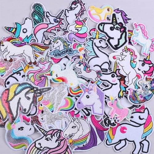 Lot Sequin Cute Unicorn Embroidered Patches for Clothing Fusible Sewing Application Sew on Patch Diy Iron-on Applique on Clothes