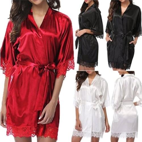 New Hot Sexy Lingerie Plus Size Satin Lace Black Kimono Intimate Sleepwear Robe Sexy Night Gown Women Erotic Underwear 2021