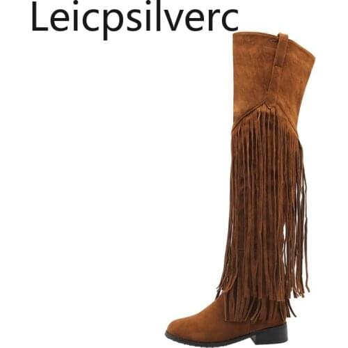 Autumn And Winter fashion Womens tassel boots Round head Low-heeled Over the knee boots Thick heel Long boots plus size 34-46