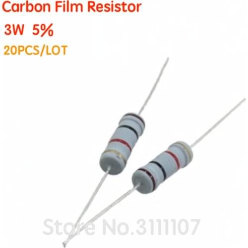 20PCS/LOT Carbon Film Resistor 3W 5% 1R ~ 1M 2.2R 4.7R 10R 33R 36R 47R 1K 4.7K 4K7 100K 1M 10 22 33 47ohm oxide film resistance