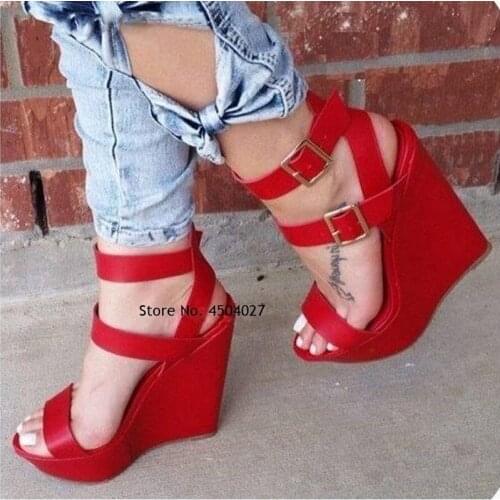 Elegant Red Wedged Heel Sandals Women Platform Bride Shoes Open Toe Buckle Strap Gladiator Pumps